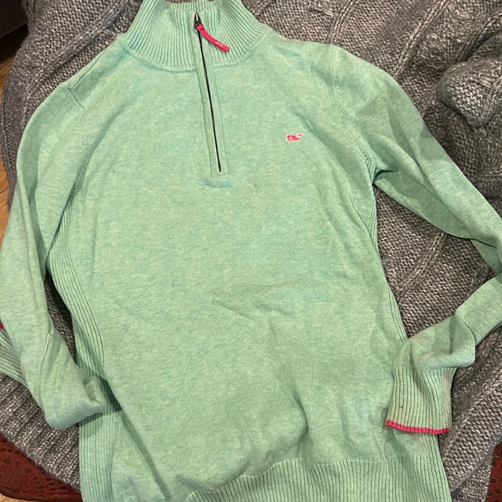 Well-loved Vineyard Vines zipup sweater. Some staining. May come out with care.
